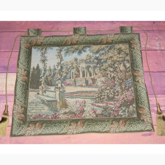 Other - Vintage Tapestry Wall Art Hanging Gold Tassels Floral Scenery